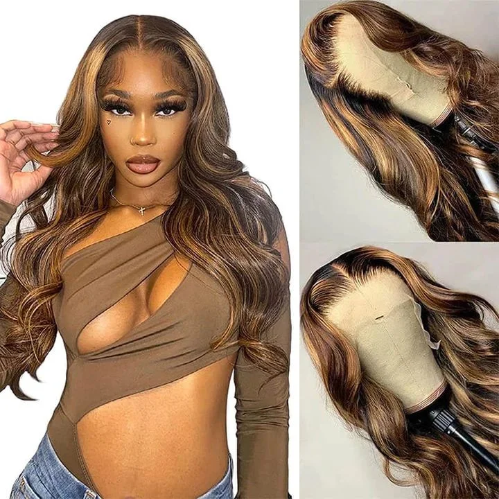 Highlight Lace Front Wigs Human Hair Pre Plucked Ombre Honey Blonde Body Wave Wig With Baby Hair