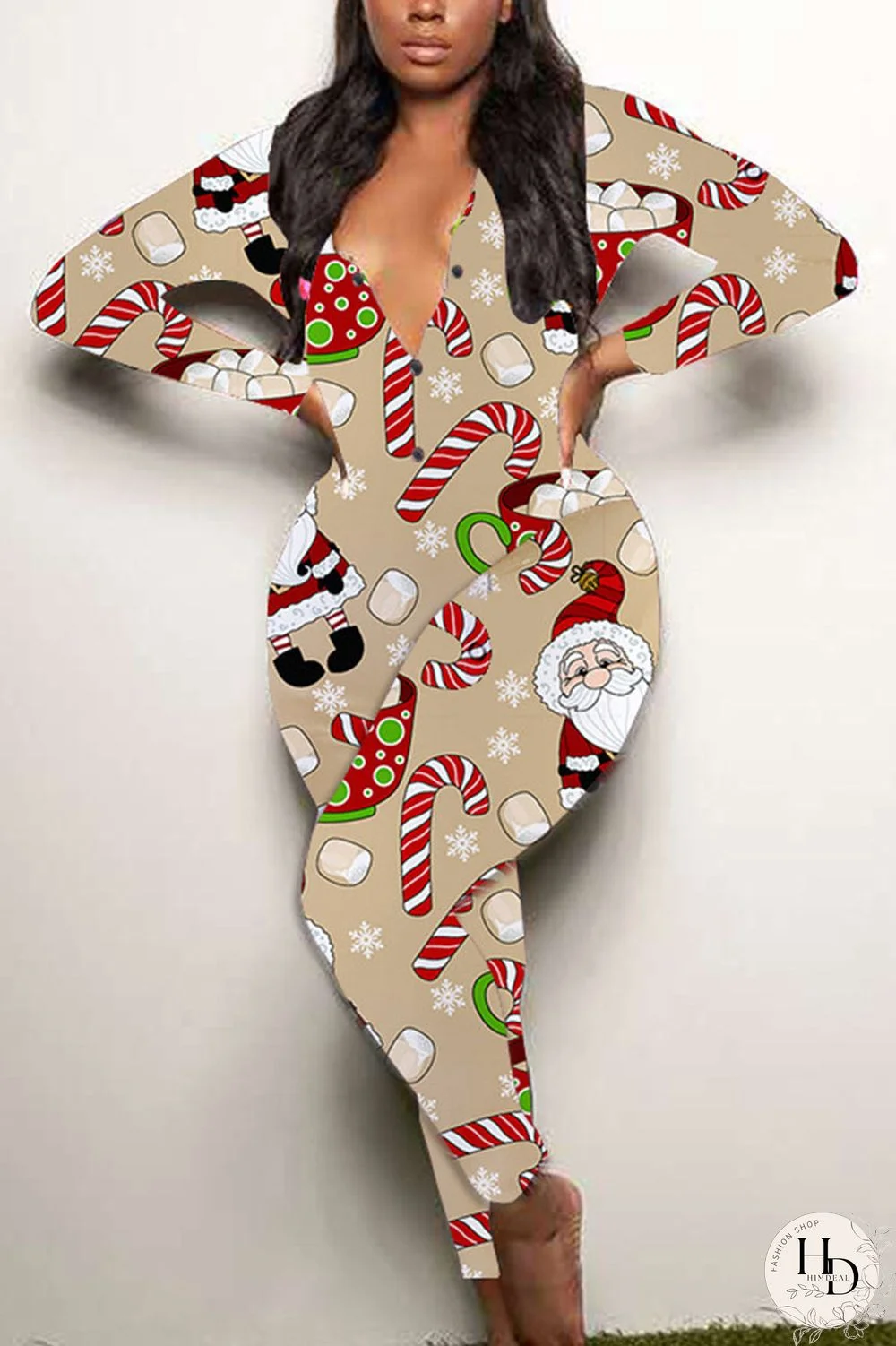 Khaki Sexy Party Patchwork Print Santa Claus V Neck Skinny Jumpsuits