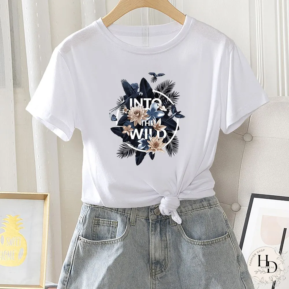 Womens Fashion Short Sleeve Summer Casual Regular T-Shirt Letter Flower Print Ladies