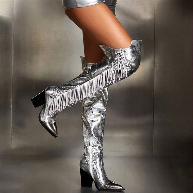 VCshoes Women Tassel Decor Thigh High Boot Pointy Toe Block Heel Fringe Long Boot Silver Metallic Leather Western Cowboy Botas De Mujer