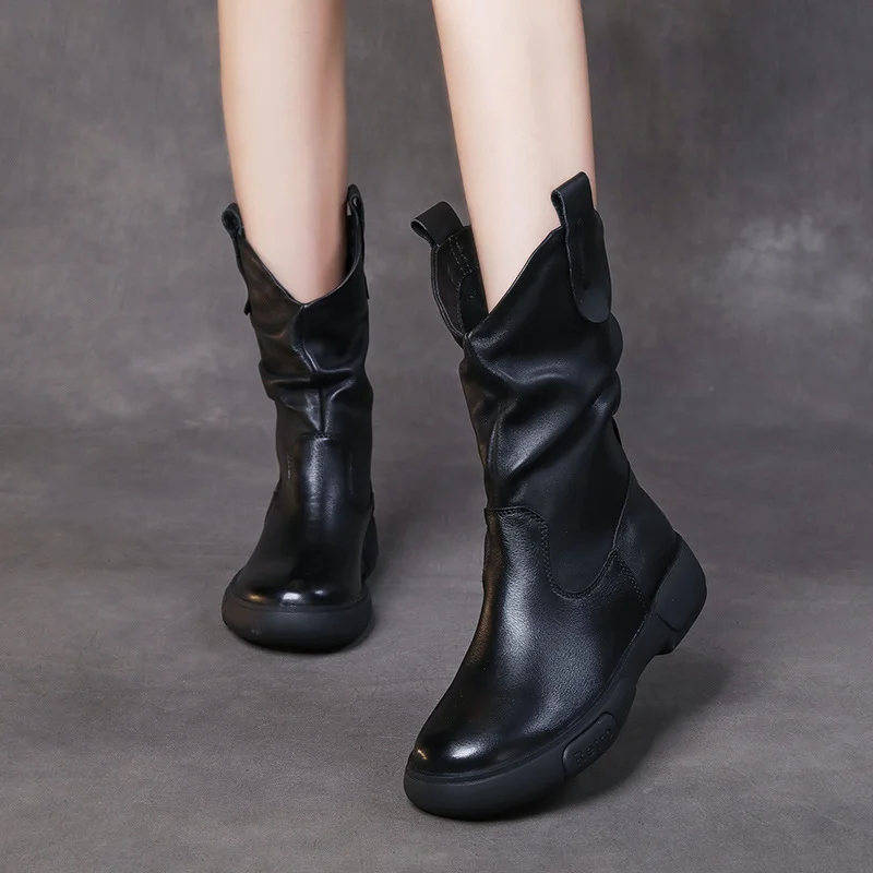 Yyvonne Boots Pile Boots Top Layer Of Kraft Mid-Sleet Boots Women Flat Bottom Soft Skin Autumn Winter Leather Martin Boots Horse Rider Boots