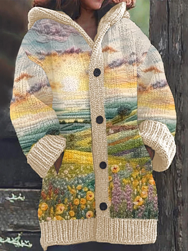 Wearshes Embroidery Flower Landscape Art Painting Cozy Knit Hooded Cardigan