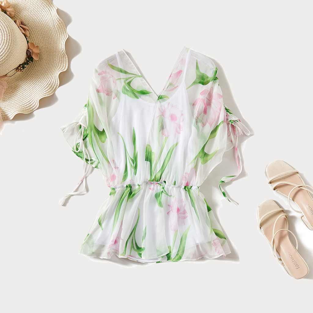Fresh-Printed Silk Blouse with White Camisole Top for Beach Vacation REAL SILK LIFE