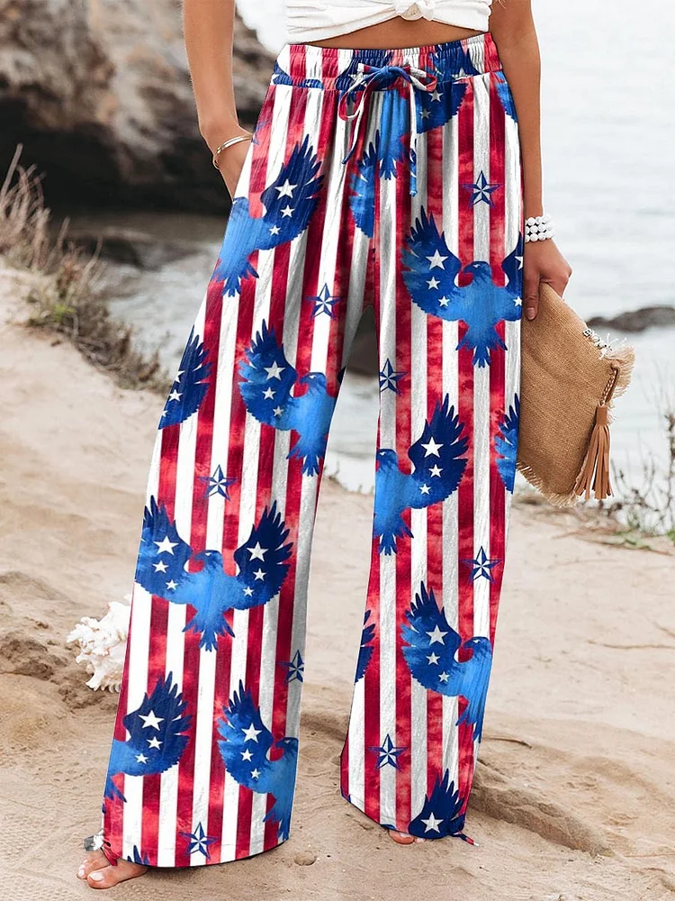 Women's Independence Day Flag Eagle Element Print Cotton And Linen Casual Pants