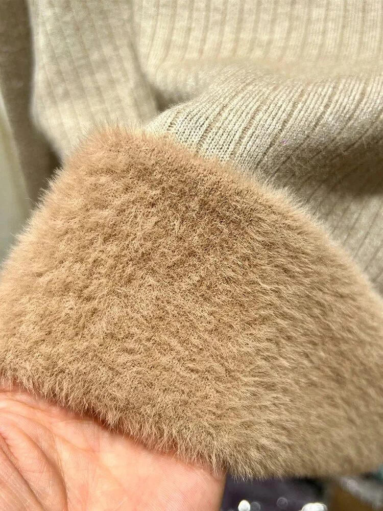 Uveng Warm Sweater Pullover Women Slim Thicken Plush Velvet Lined Knitwear Jumper Korean Half Turtleneck Poleras Soft Knit Tops