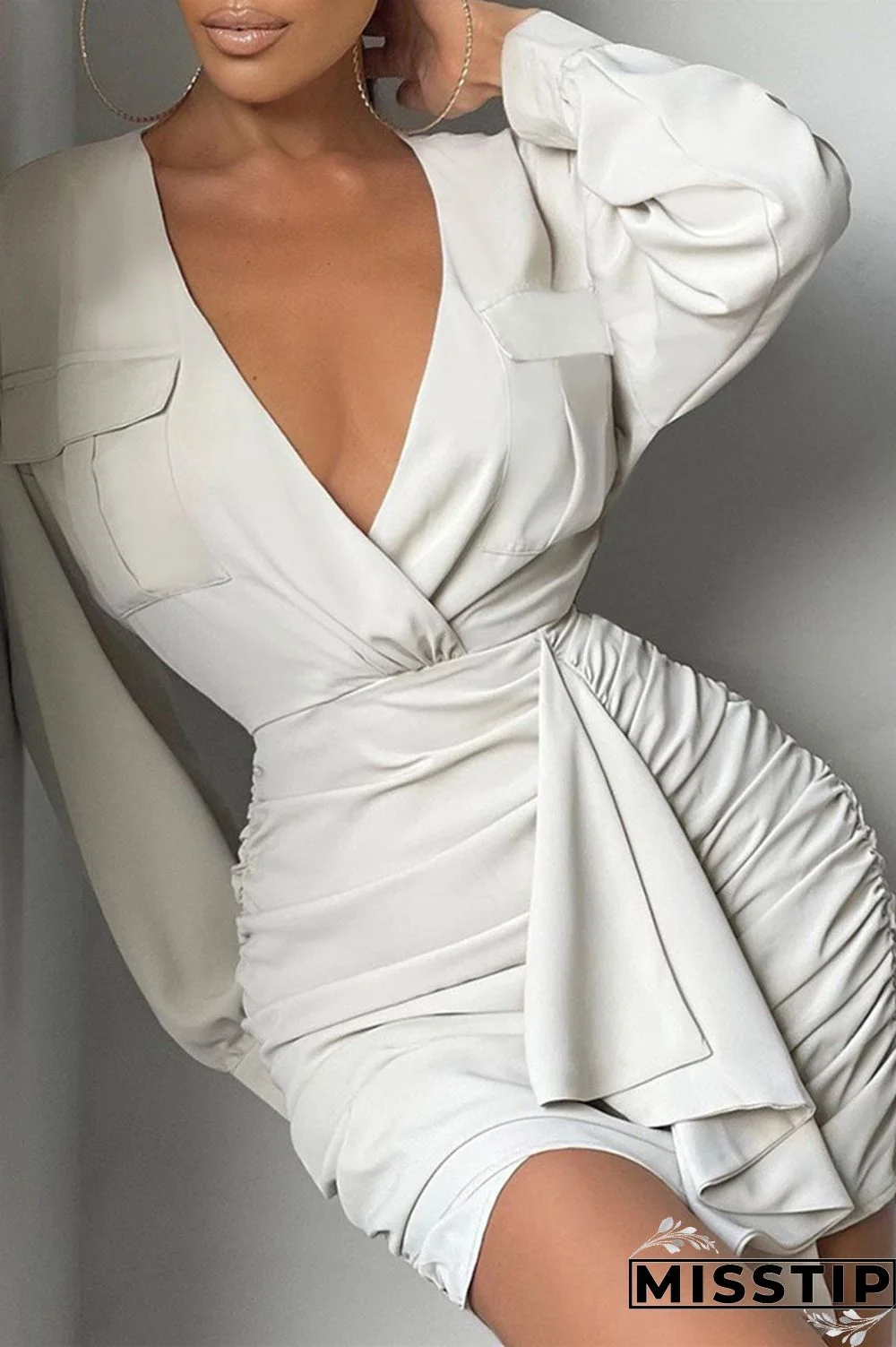 White Fashion Casual Solid Patchwork Fold V Neck Long Sleeve Dresses