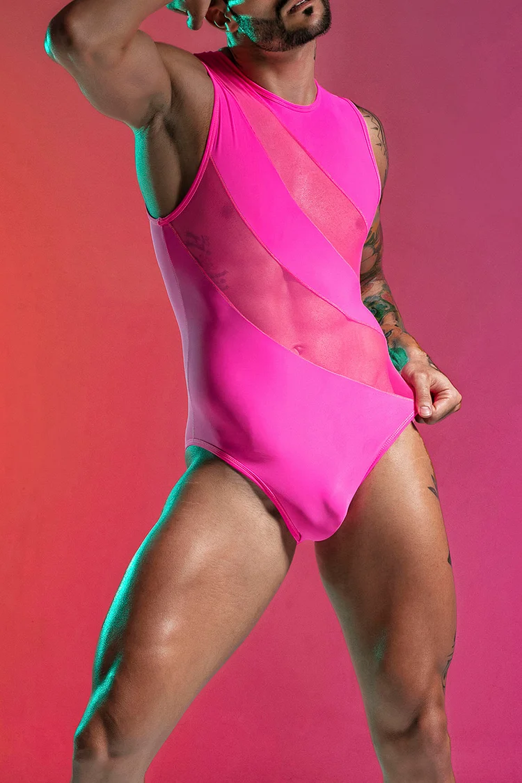 See-Through Mesh Patchwork Stretchy Hot Pink Thong Bodysuit
