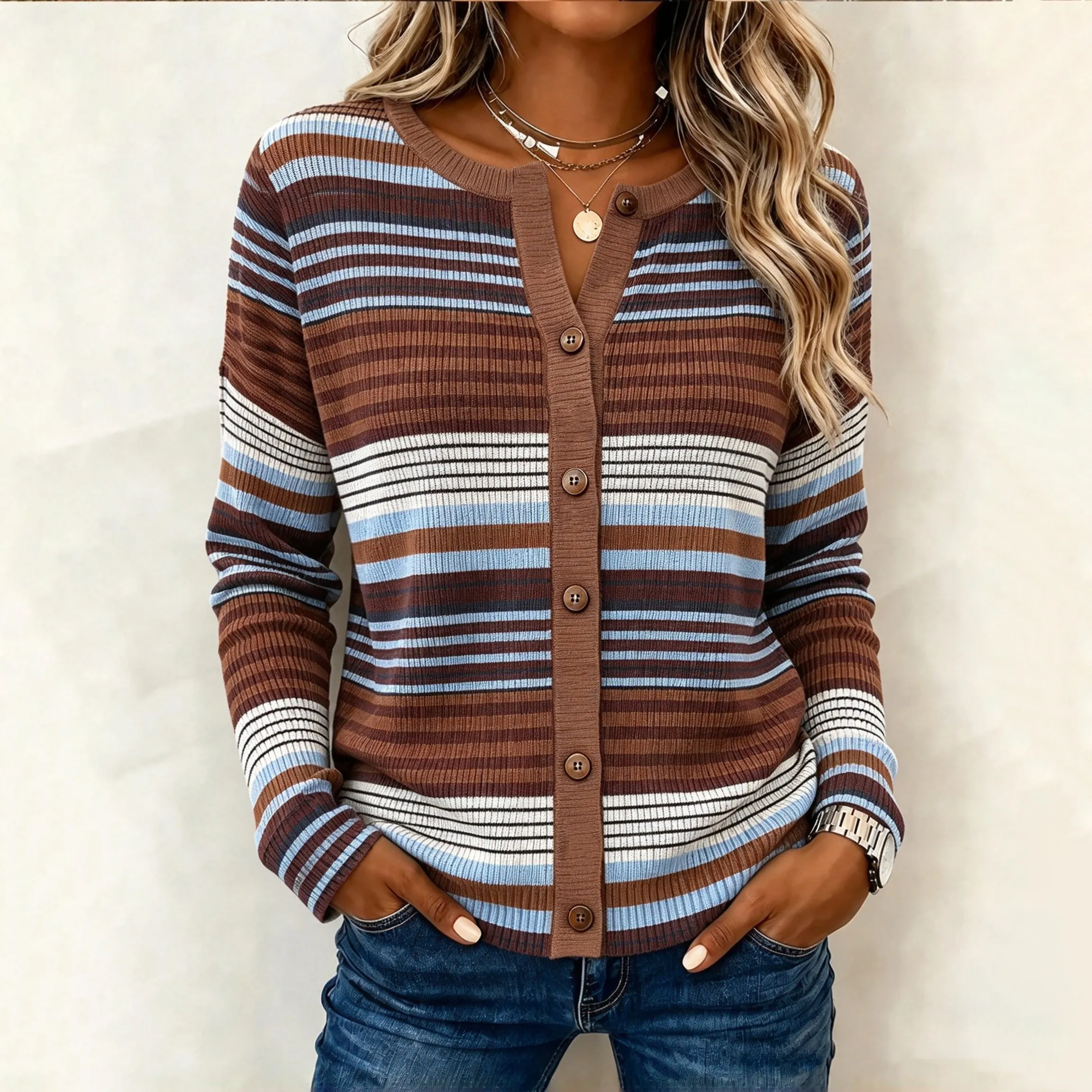 Comstylish Women's Vintage Stripe Pattern Casual Cardigan