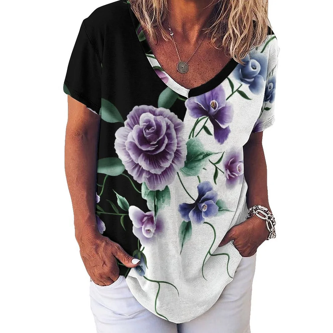 V-neck Short Sleeve Casual T-shirt for  Women Printed with Pattern Black, Floral, Purple, Blue