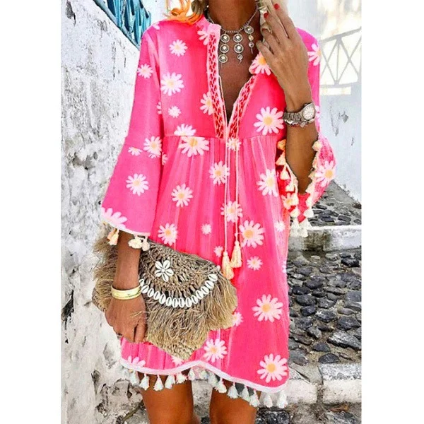 Sunflower Print Tassel Ruffle Sleeve V-neck Min Boho Dress