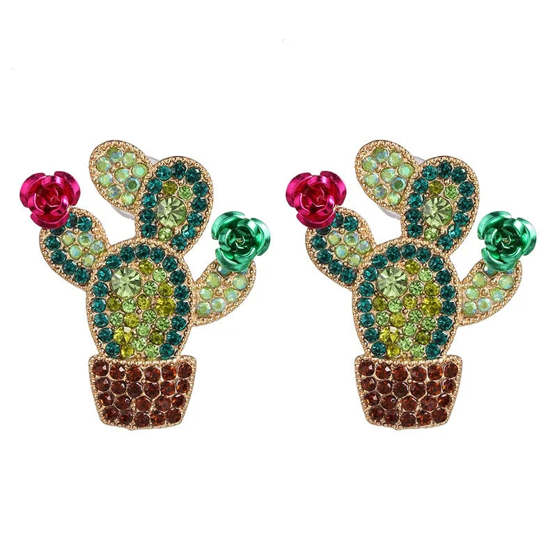 Dvacaman Cute Colorful Rhinestone Cactus Earrings for Women Boho Handmade Green Beaded Cactus Drop Dangle Earrings Jewelry Party
