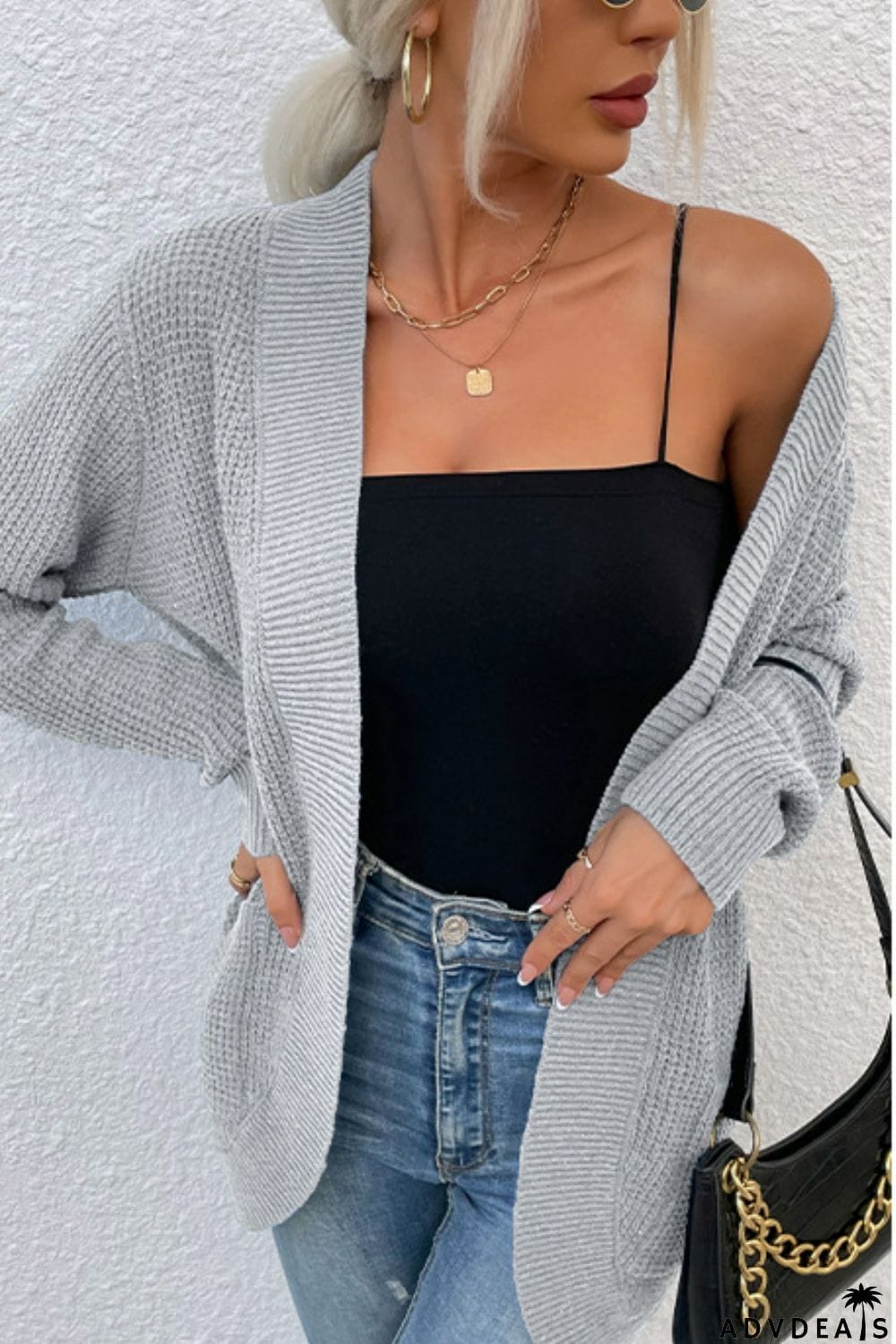 Open Front Rib-Knit Cardigan with Pockets