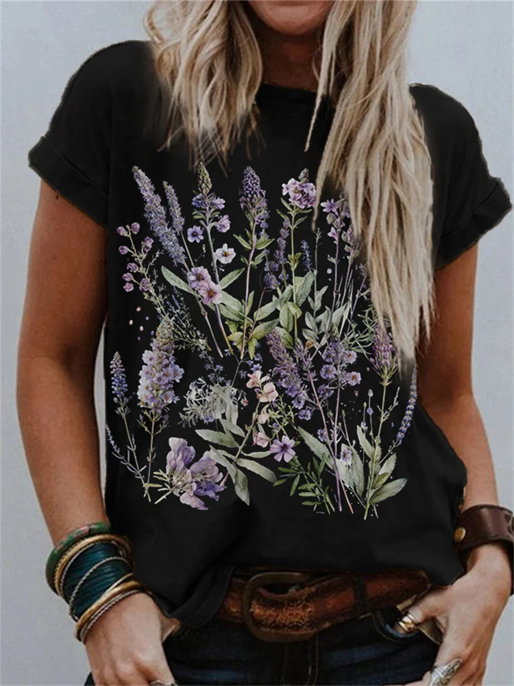Lavender Flowers Botanical Art Crew Neck T Shirt