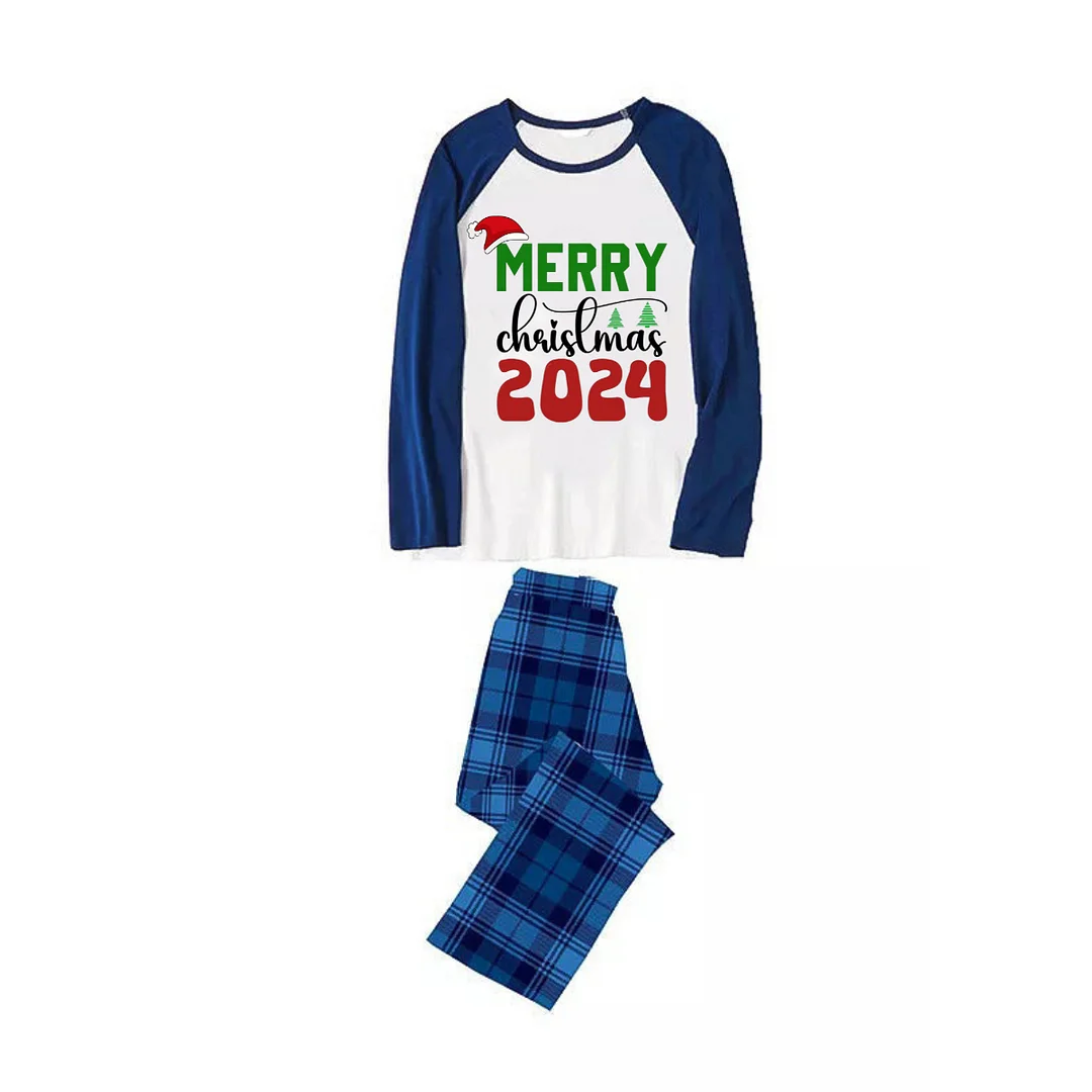 "Merry Christmas 2024" Text Print Blue & Black Plaid Long Sleeve Christmas Family Matching Pajamas