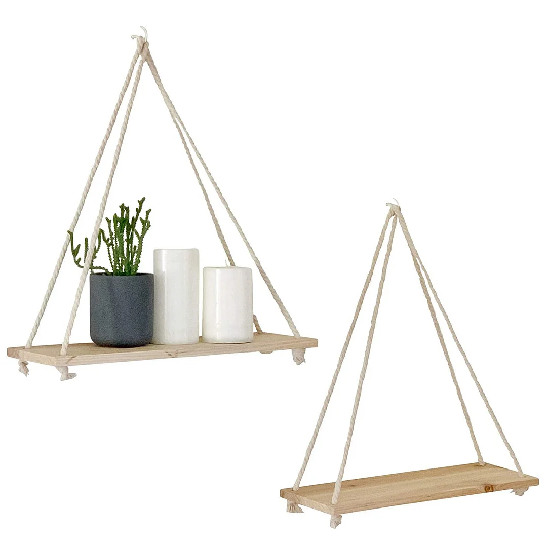 Premium Wood Swing Hanging Rope Wall Mounted Floating Shelf Rustic Storage Plant Flower Pot Display Indoor Outdoor Decoration