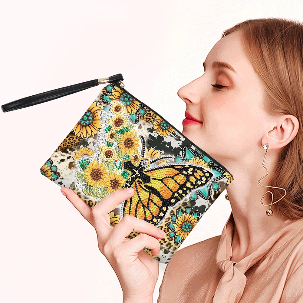 DIY Butterfly PU Partial Special Shaped Diamond Painting Wallet Makeup Bag