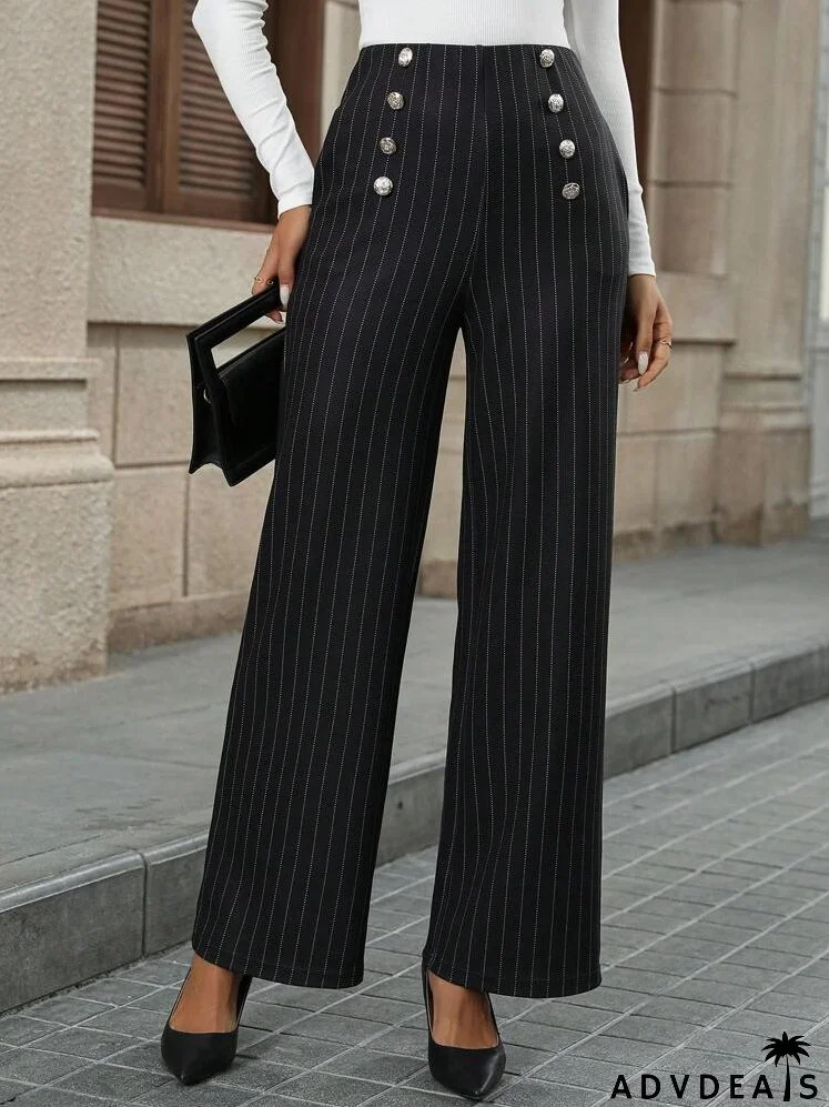 Women's Double-Breasted Black And White Striped Printed Elegant Straight Leg Pants For Commuting