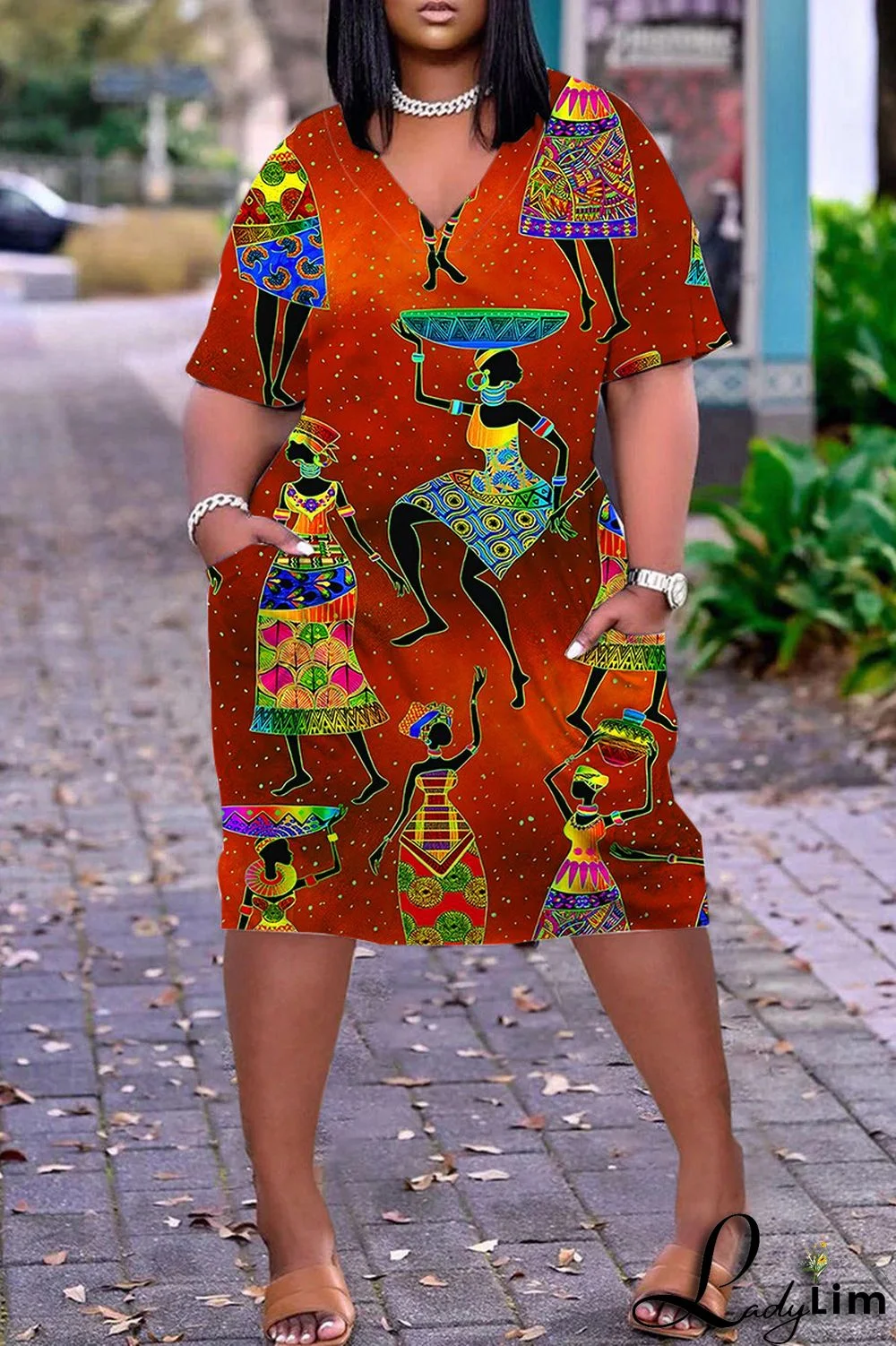 Blue Casual Print Patchwork Basic V Neck Short Sleeve Dress