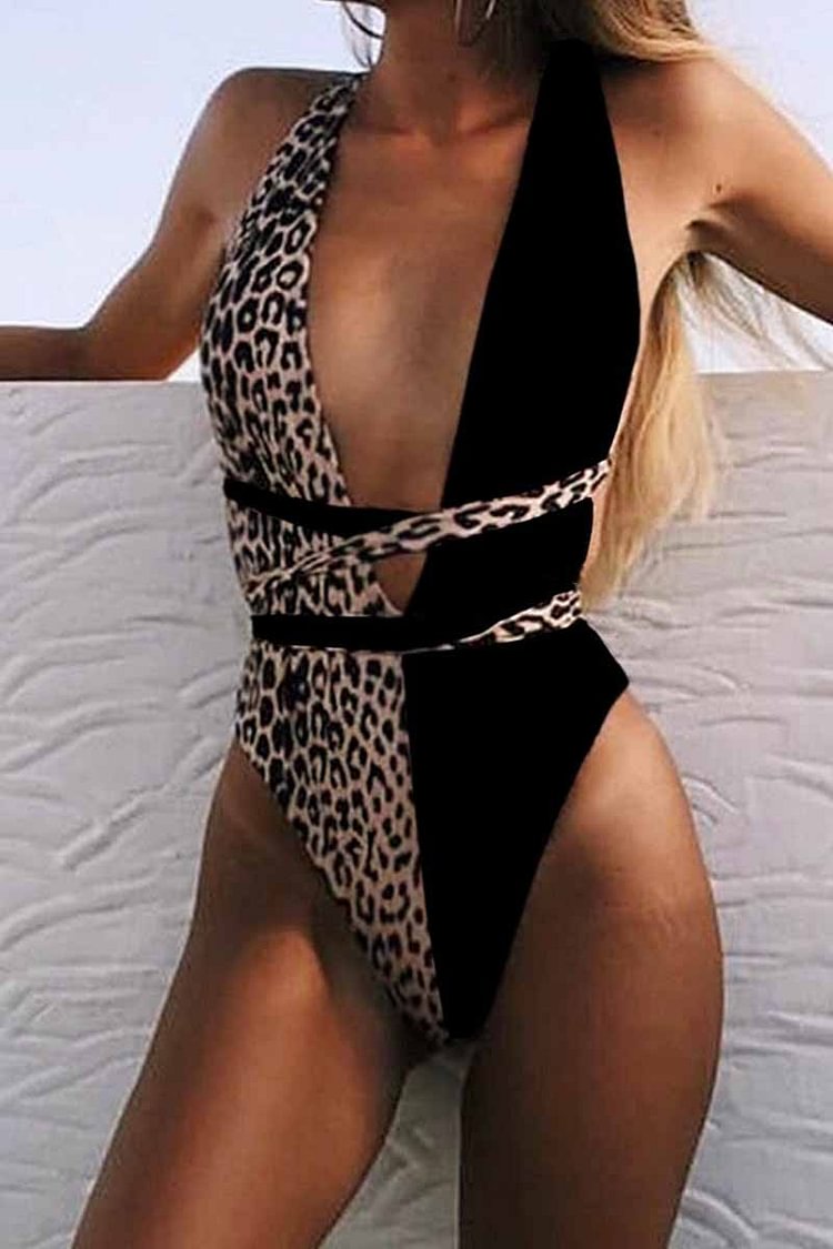 One Piece Leopard Print Hollow Strap Swimsuit