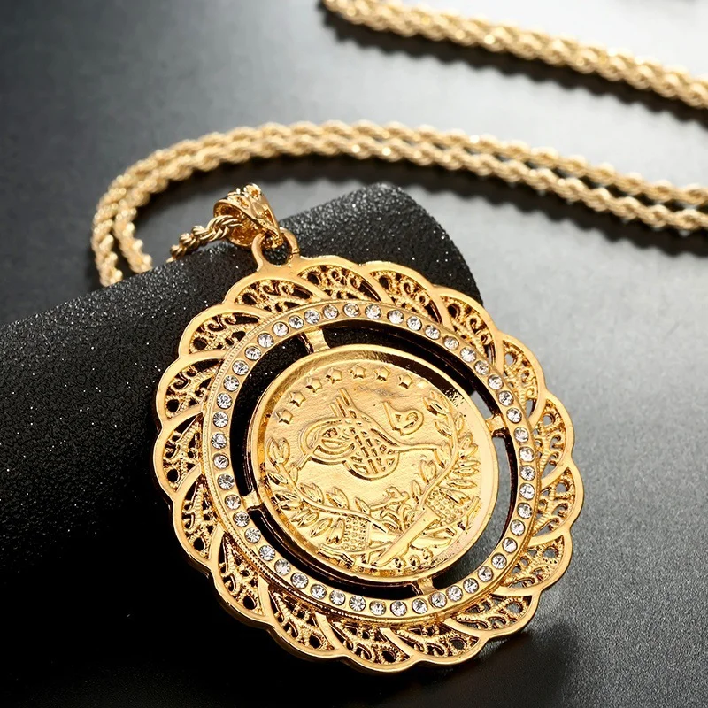 Gold Coin Pendant Necklace Men Arabic Totem Jewelry-VESSFUL