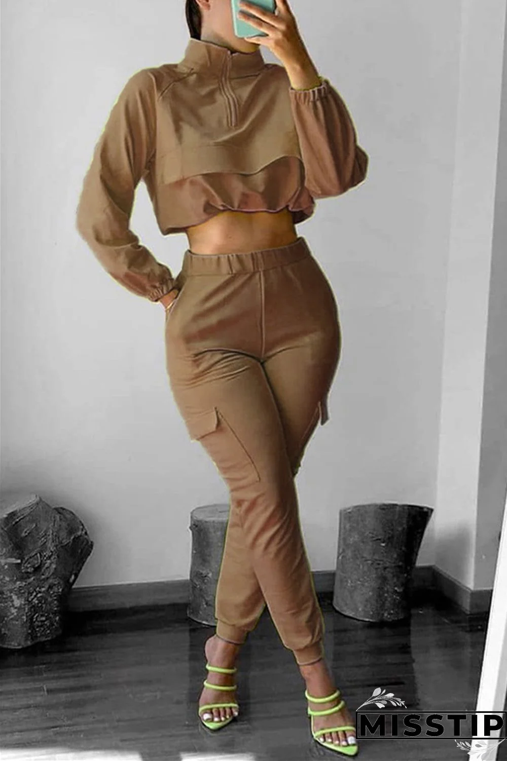 Brown Casual Sportswear Solid Turtleneck Long Sleeve Short Two Pieces