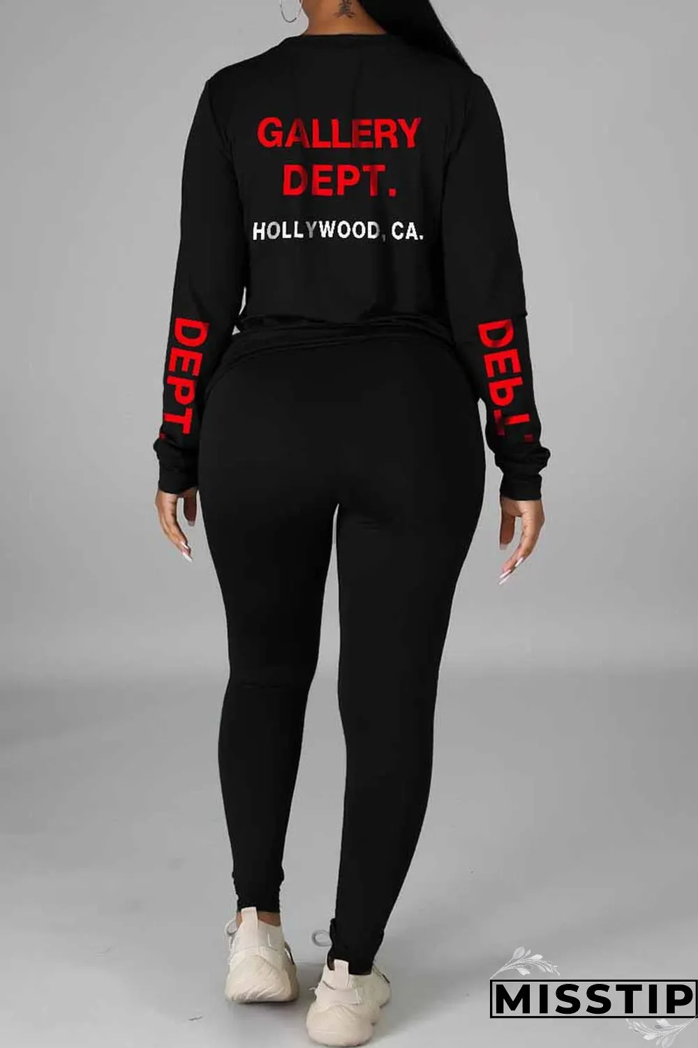 Black Casual Print Letter O Neck Long Sleeve Two Pieces