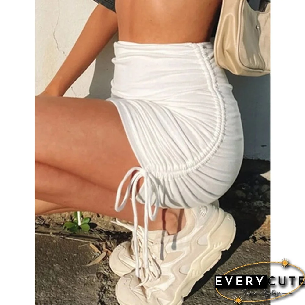 White Ribbed Drawstring Bodycon Mini Skirt