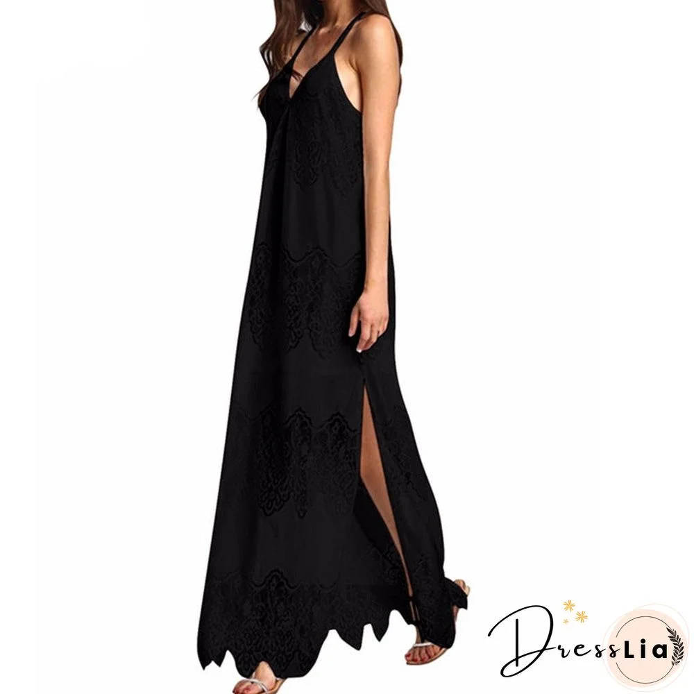 Vacation Spaghetti Strap Mesh Lace Side Split Maxi Beach Dresses Cover Ups
