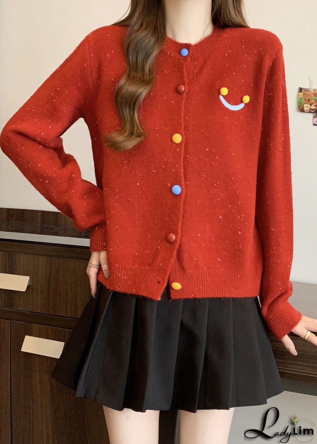 French Red O Neck Button Knit Cardigans Winter