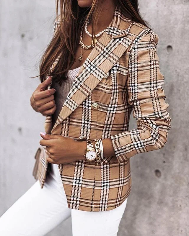 Women's Long-sleeved Plaid Print Suit Jacket