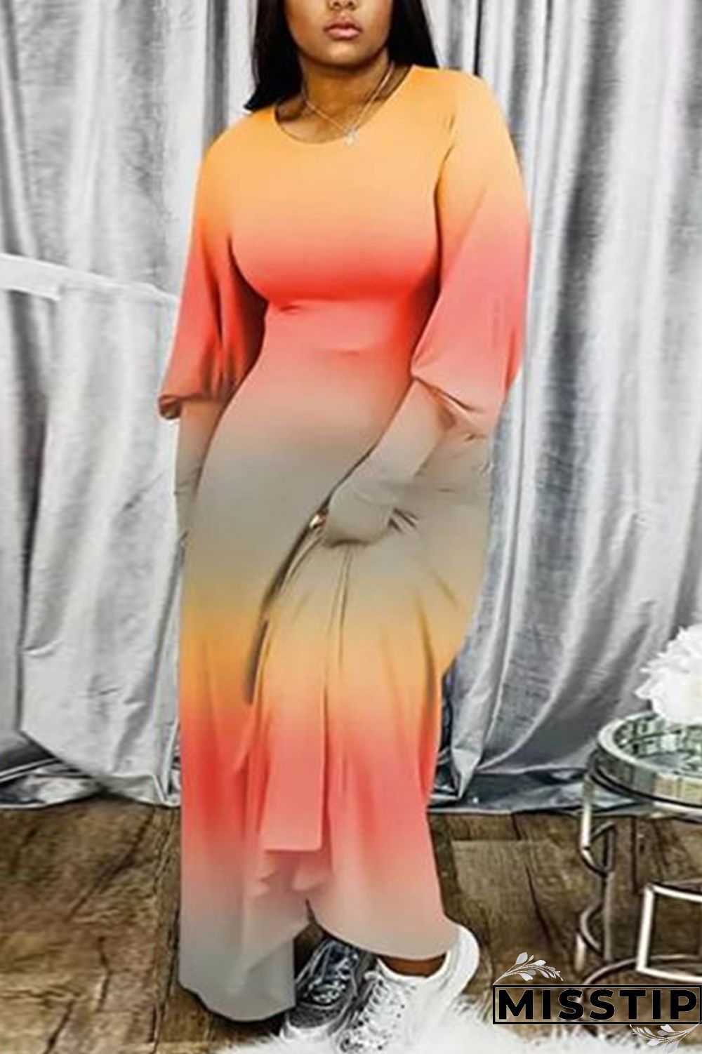 Orange Sexy Milk Fiber Print Tie-dye O Neck Plus Size