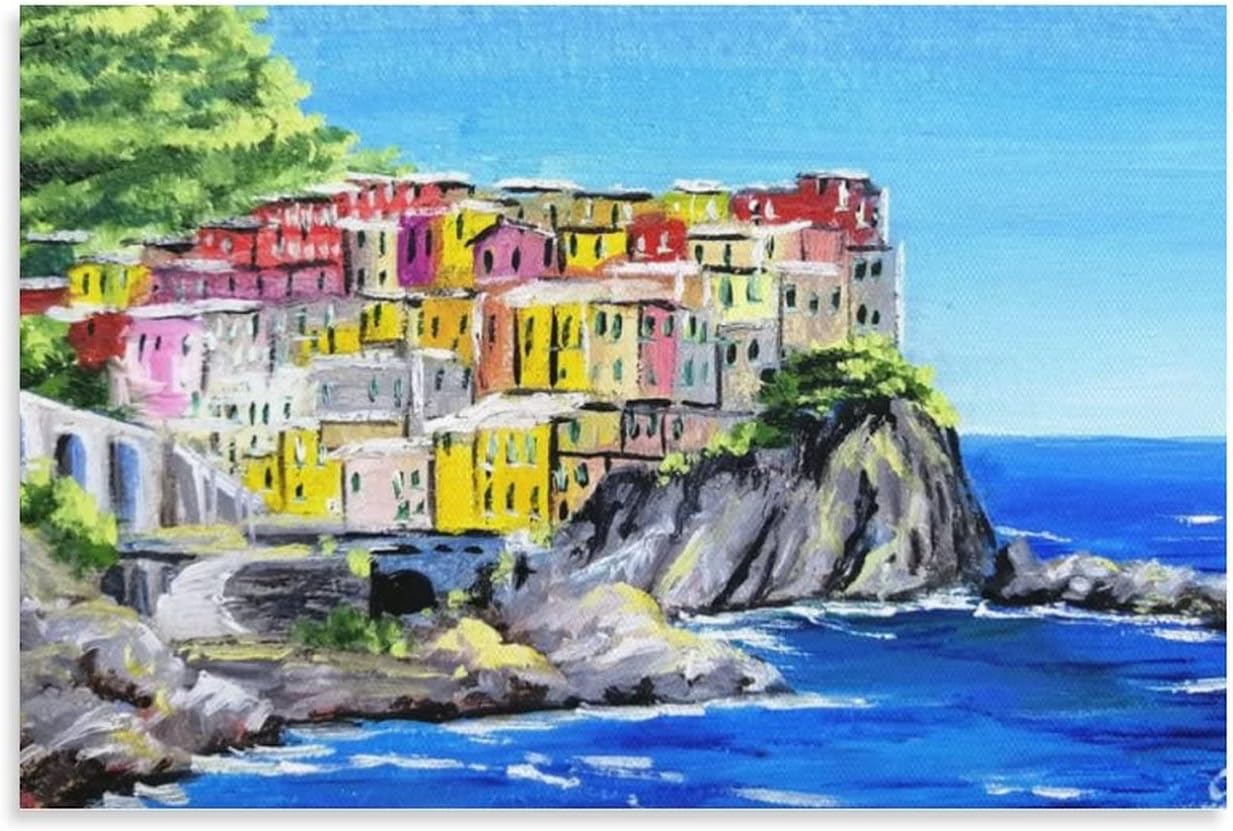 Manarola Painting Italy Art Cinque Terre Oil Painting Liguria Italian Wall Art Mediterranean Beach A Canvas Painting Posters and Prints Wall Art Pictures for Living Room Bedroom Decor 20x30inch(50x75