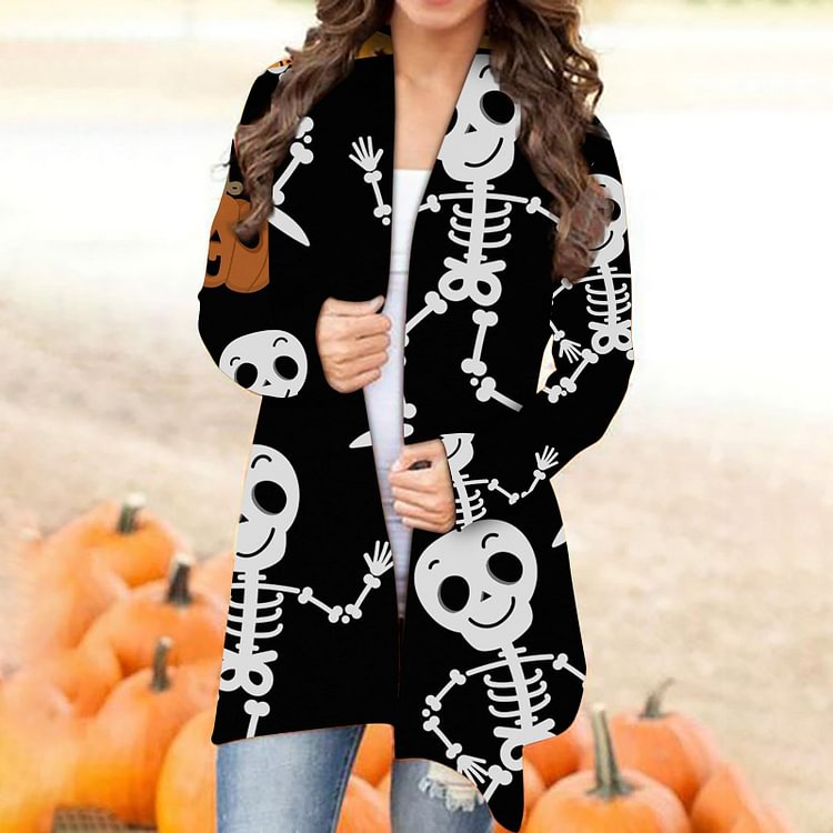 Happy Halloween Little Skeleton Man Printed Women Cardigan Coat In Black