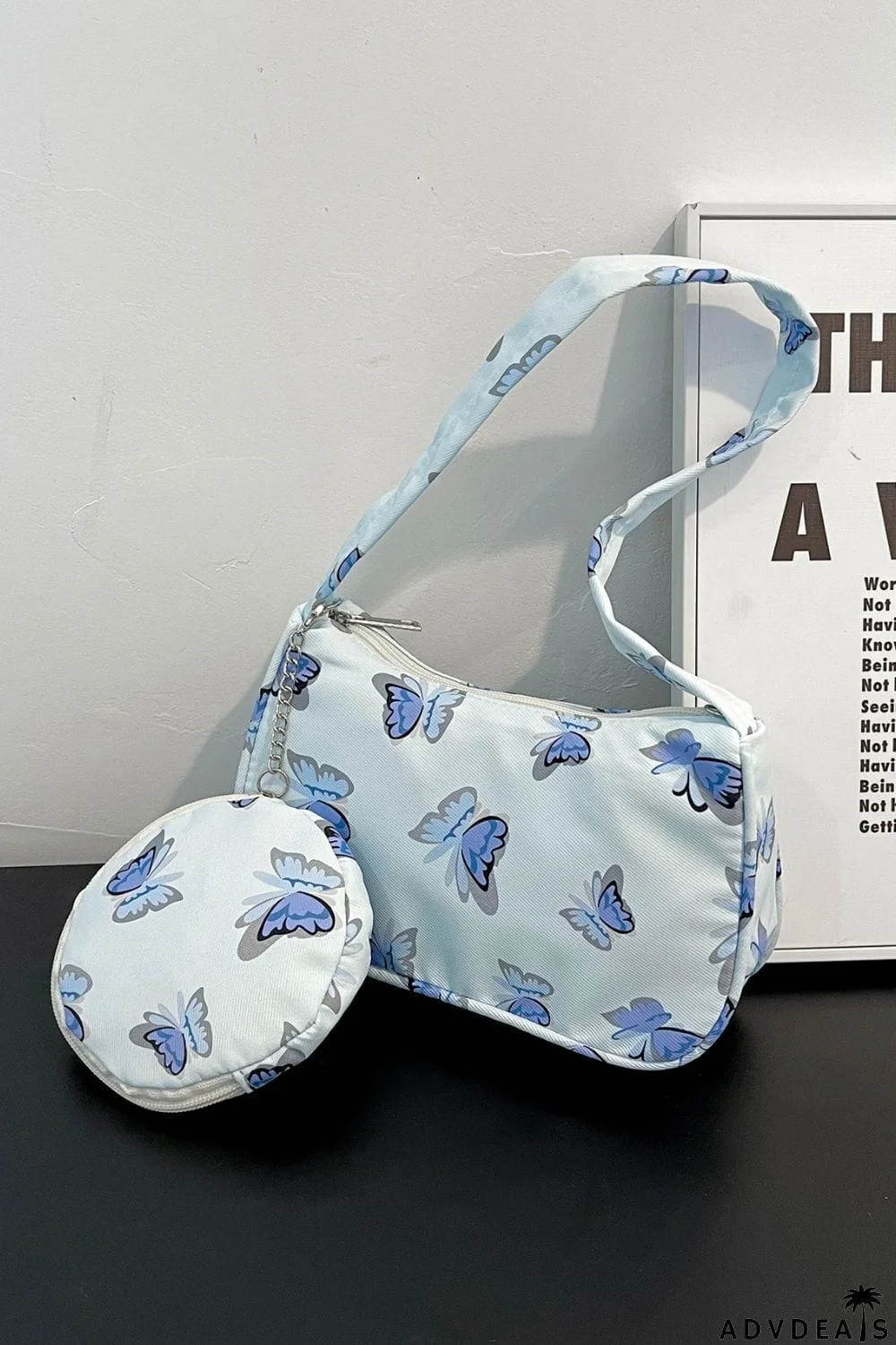 Butterfly Print Shoulder Bag with Purse