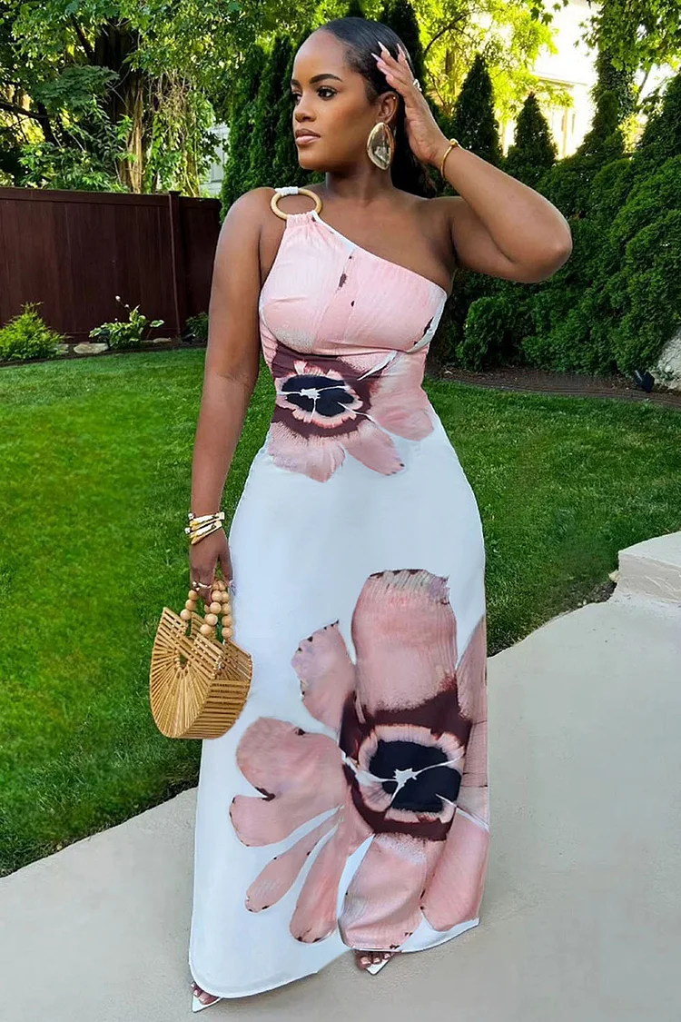 One Shoulder O-Ring Floral Print Vacation Maxi Dresses-White [Pre Order]