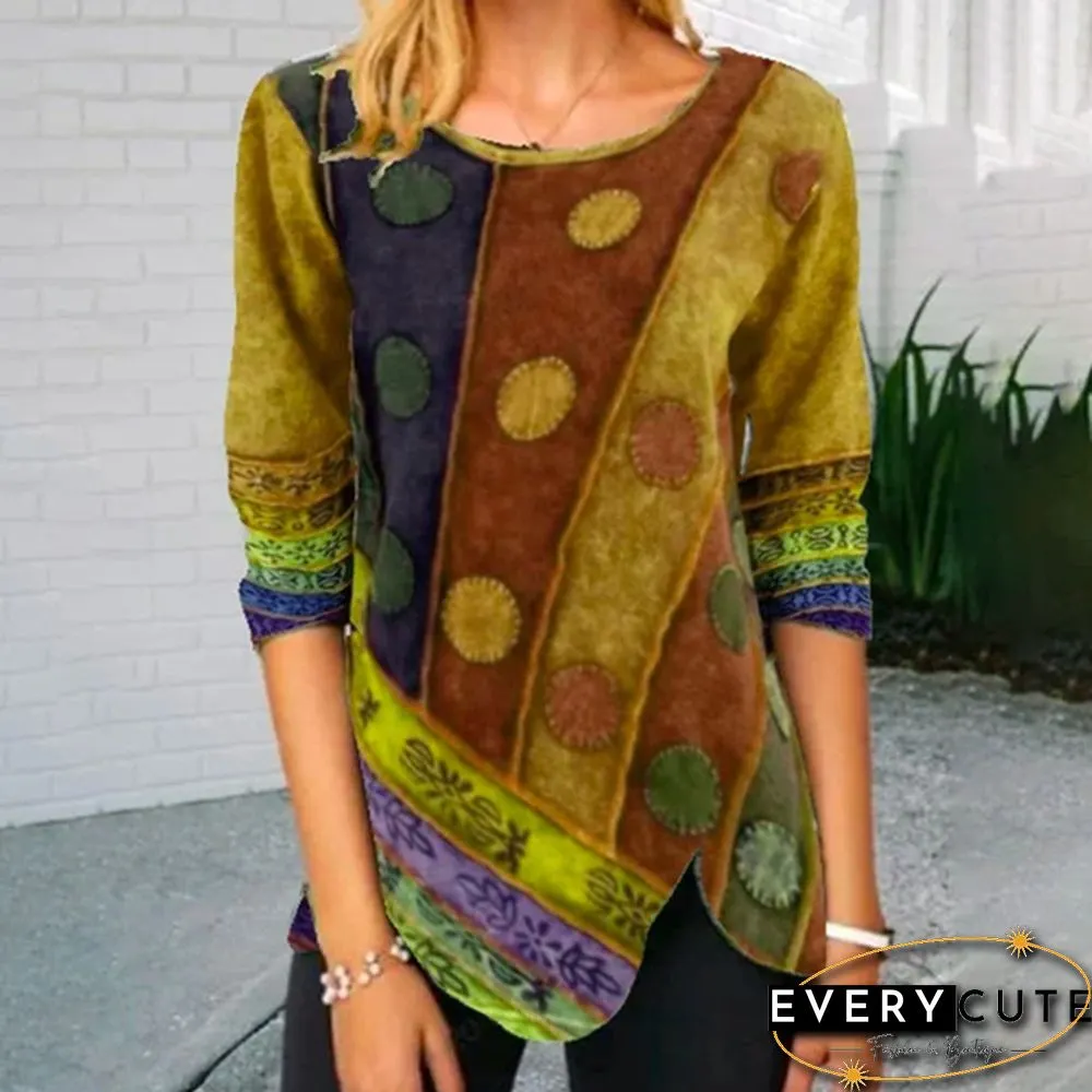 Womens Fashion Autumn and Spring Printed Long-sleeved Round-neck Casual T-shirt Loose Plus
