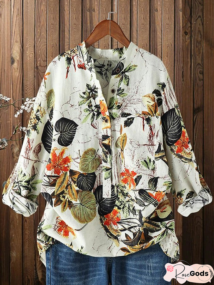 Leaves Floral Print Button Pocket Front Long Sleeve Vintage Shirt