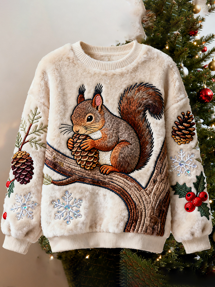 Squirrel Picking Pine Cones Flannel Crewneck Sweatshirt elevenforest