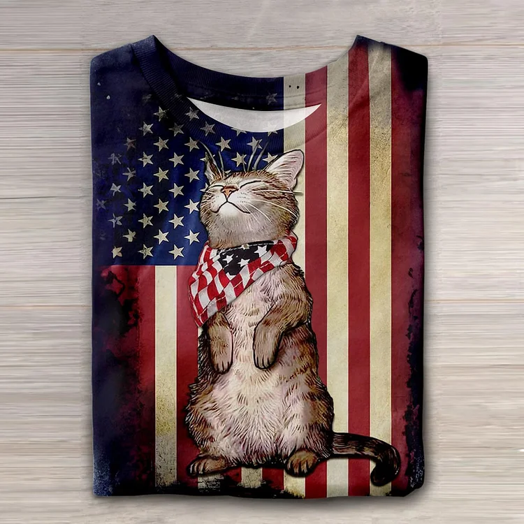 American Flag Cat Print Short Sleeve T-shirt