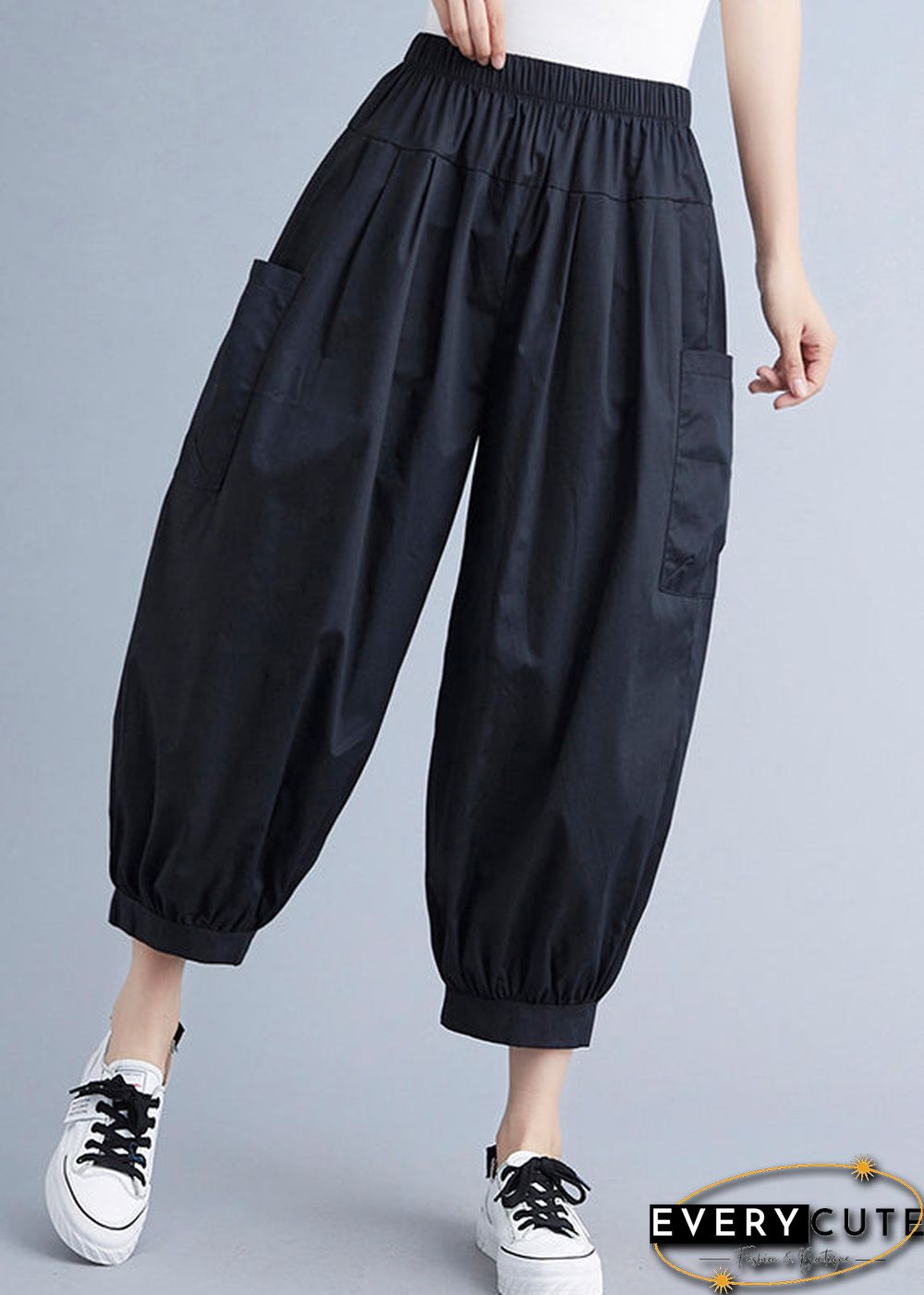 Plus Size Black Pockets Harem Pants Spring