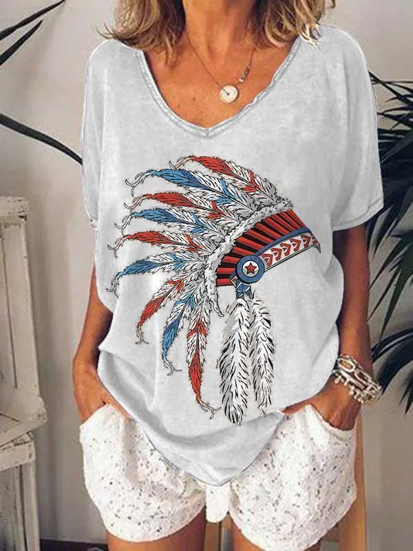 India Feather Print Women's Casual V-neck T-shirt