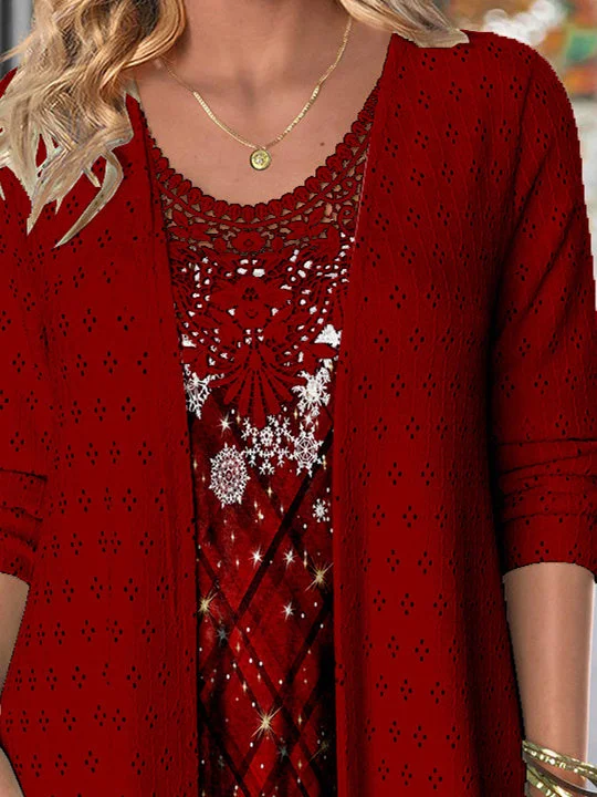 Women Long Sleeve Scoop Neck Snowman Snowflake Printed Printed Graphic Lace Two-Pieced Tops