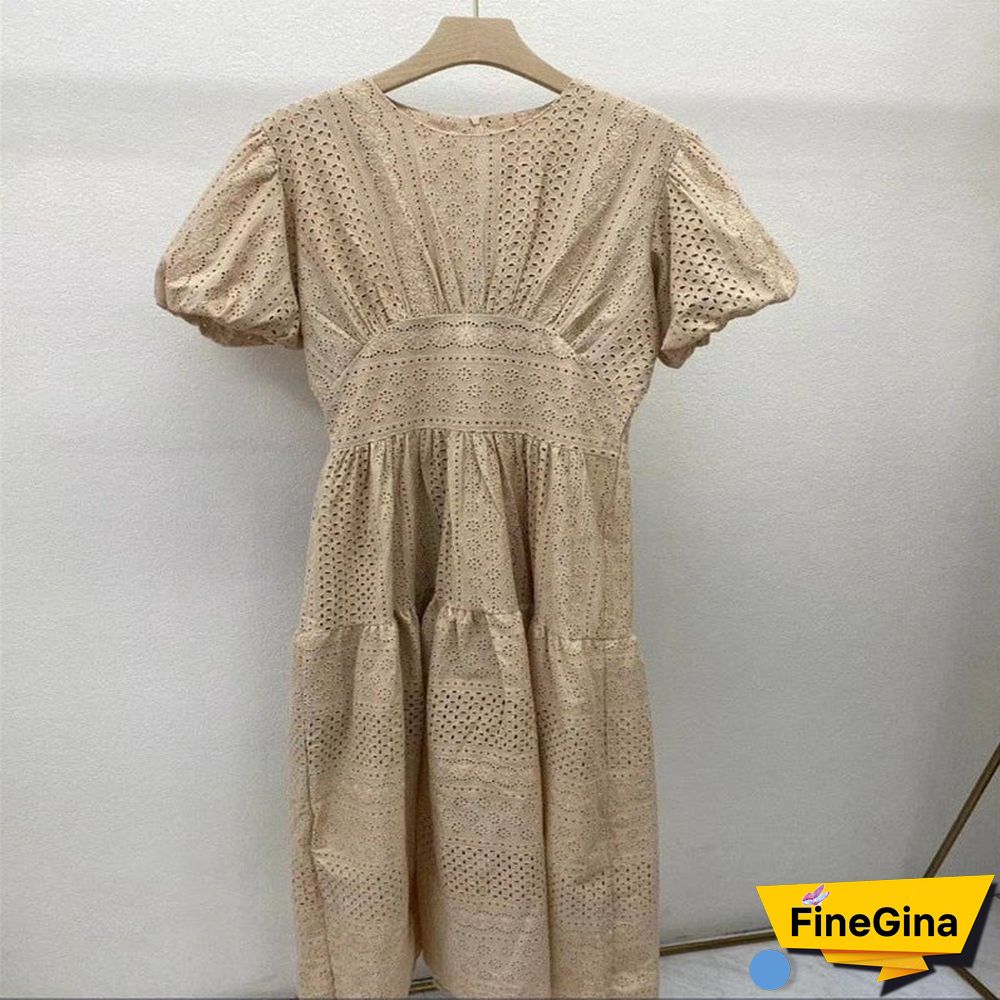 round neck solid color temperament hollow lace dress women