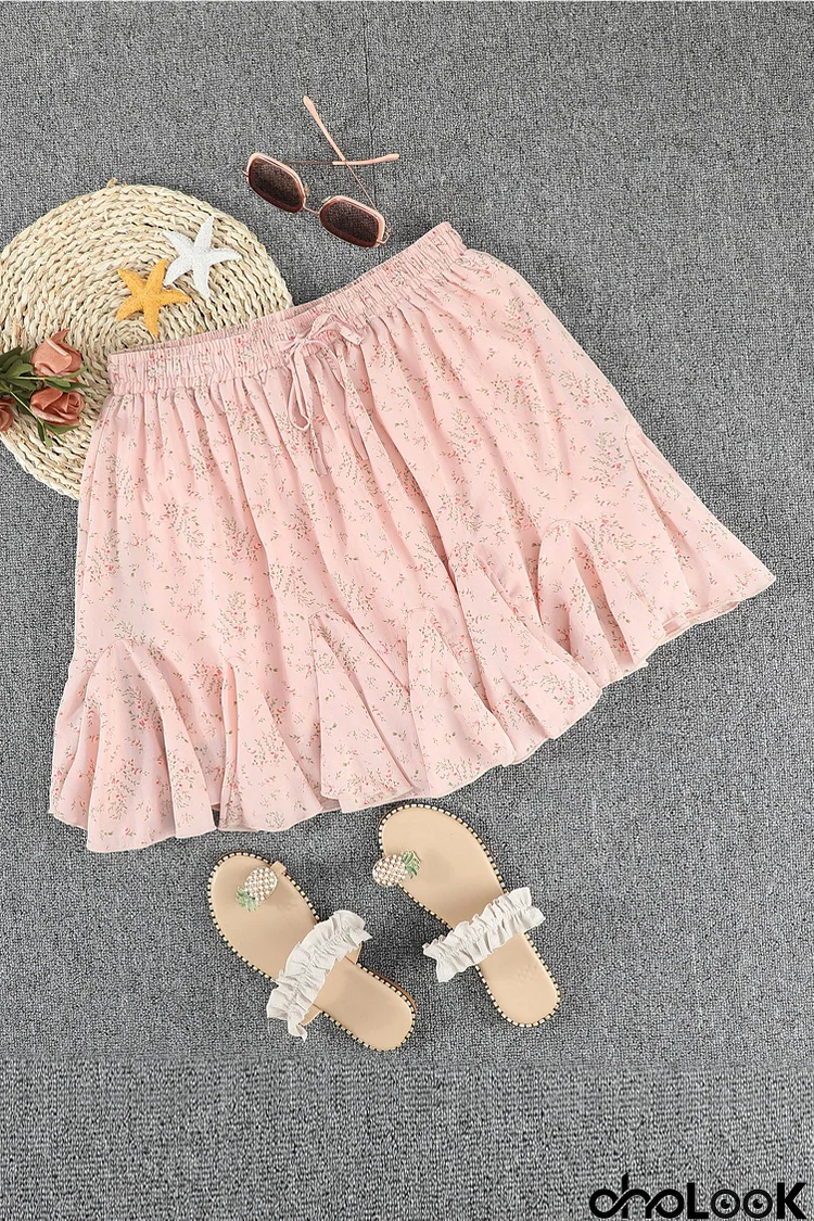 Summer Apricot Ruffled Floral Mini Skirt