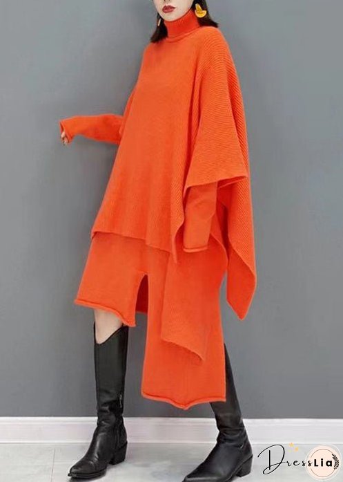 New Rose Turtleneck Asymmetrical Cotton Knit Two Pieces Set Fall