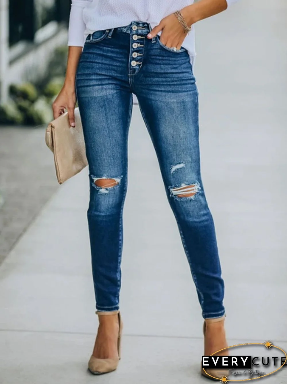 Solid High-rise Washed Holes Skinny Jeans P15151