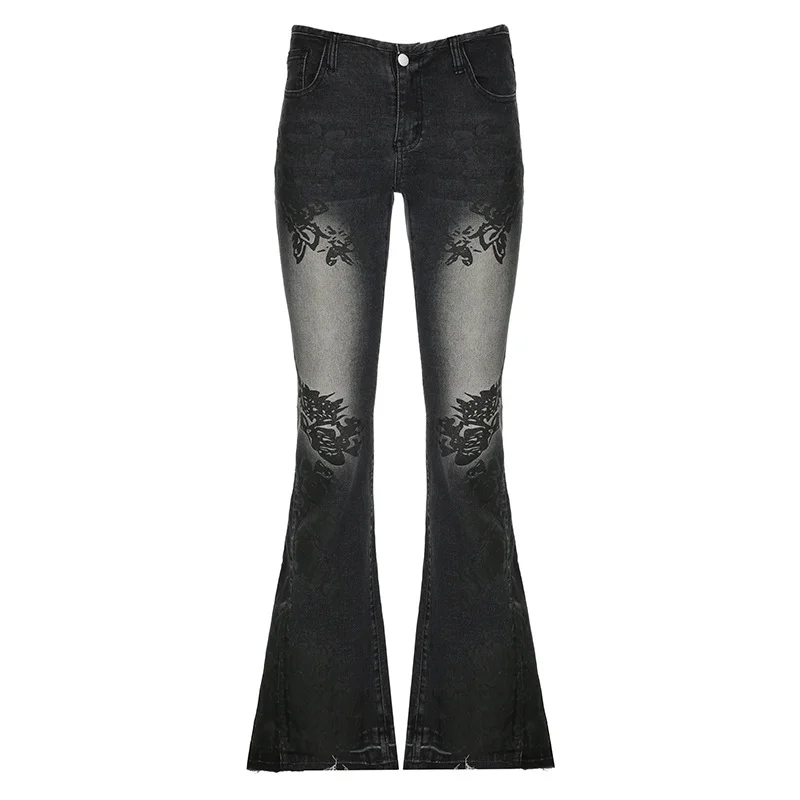 Churchf Churchf High Street Plant Print Wash Water Jeans 2023 Autumn Do Old Low Waist Micro La Pants New Style