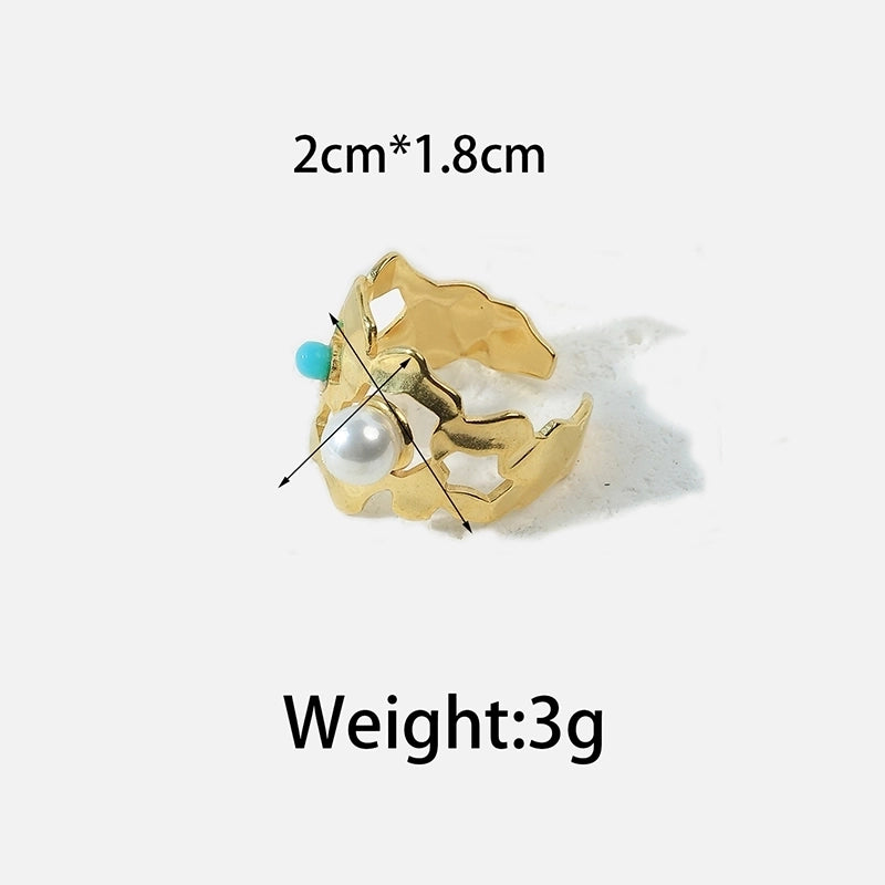 Elegant Vintage Style Minimalist Oval 304 Stainless Steel Turquoise 14K Gold Plated Plating Hollow Out Stainless Steel Rings