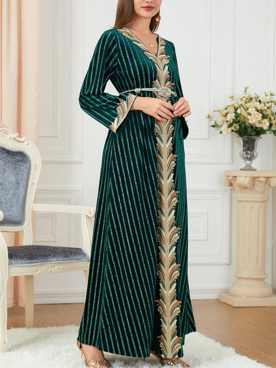 Velvet White Stripe V Neck Long Sleeve Green Dress | Oxredo Shop Ramadan Sale