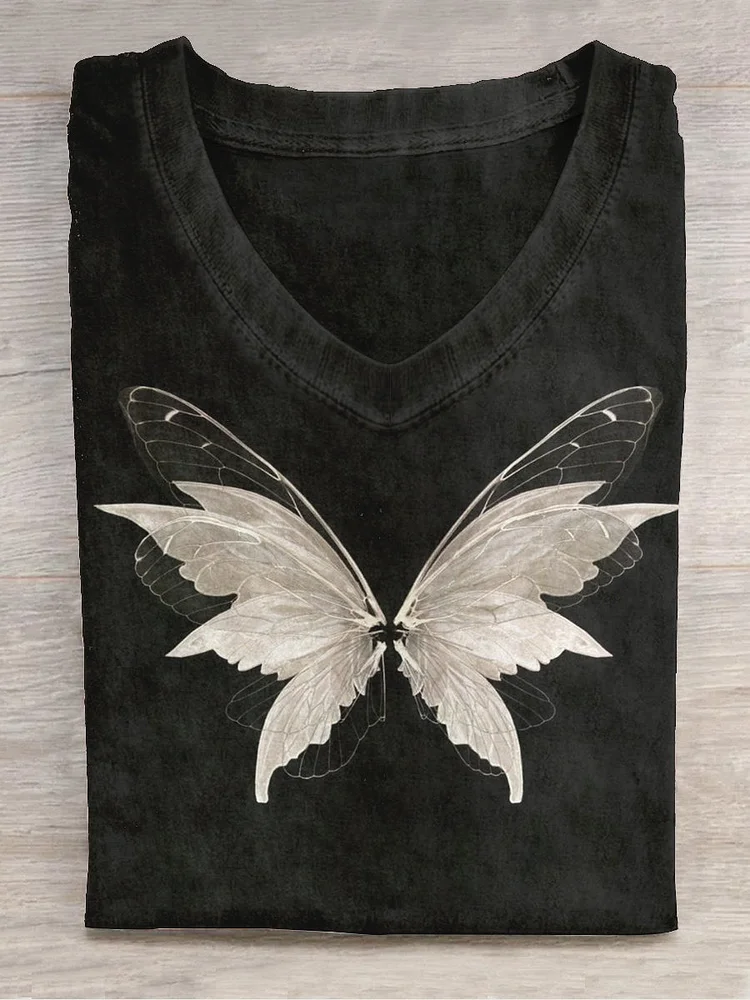 Unisex Butterfly Art Print V-Neck Short Sleeve T-Shirt